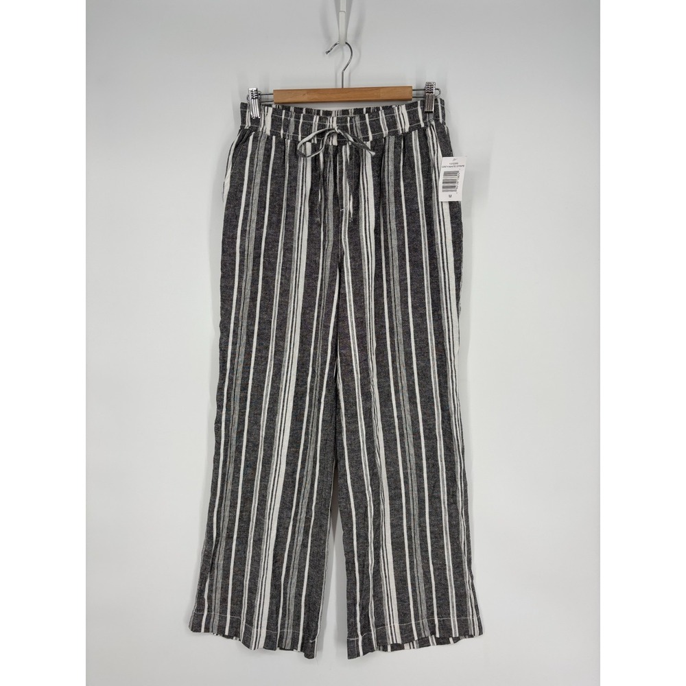 Briggs Pants Womens M Gray White Striped Linen Blend Wide Leg New